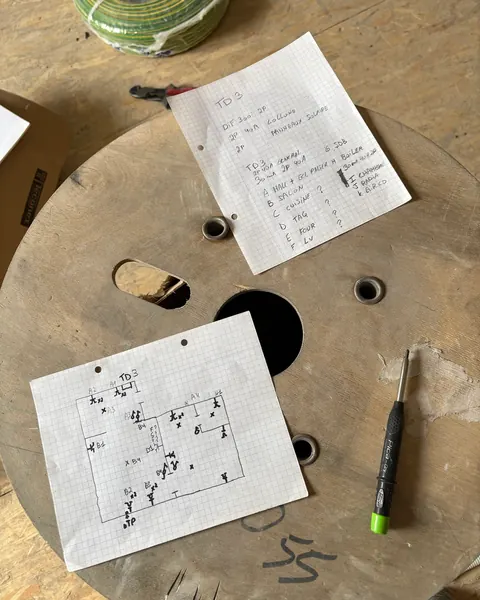 Croquis du relevé sur place et liste des circuits, posés sur un touret de câble